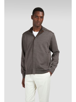 Paul & Shark Erkek Regular Fit %100 Yün Dik Yaka Uzun Kollu Kahverengi Hırka 15311203-365