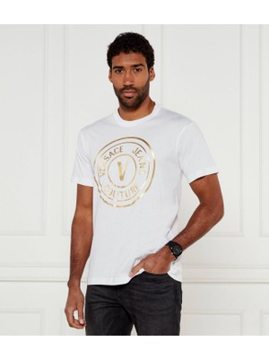 Versace Erkek Regular Fit Logo Baskılı Kısa Kollu Beyaz-Altın T-Shirt 78GAHT01CJ00T-G03