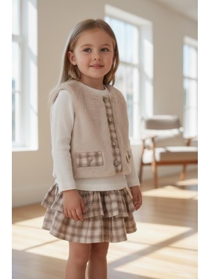Balgüneş Kız Çocuk Şık Ekose Etek Yelek 3'lü Takım