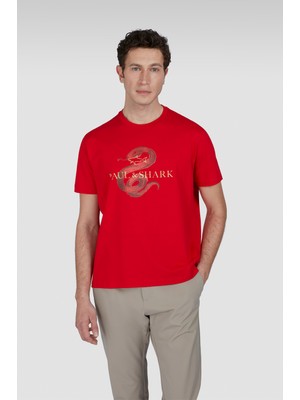 Paul & Shark Erkek Normal Kalıp Yılan Baskılı Pamuklu Yuvarlak Yaka Kısa Kollu Kırmızı T-Shirt 25411102-577