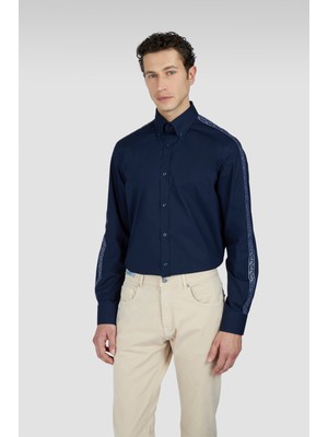 Paul & Shark Erkek %100 Pamuk Normal Kesim Kolları Şark Logo Şeritli Uzun Kollu Lacivert Gömlek 25413507-013