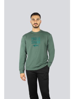 Paul & Shark Erkek Pamuklu Önü Logo Desenli Yuvarlak Yakalı Pamuklu Uzun Kollu Yeşil Sweatshirt 15311839-513