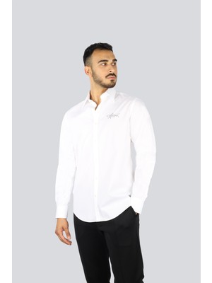 Paul & Shark Erkek Dar Kesim Sırtta Shark Baskılı Pamuklu Uzun Kollu Beyaz Gömlek 25413517-010