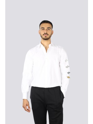 Paul & Shark Erkek %100 Pamuklu Normal Kesim Kolu Baskılı Uzun Kollu Beyaz Gömlek 25413538-010