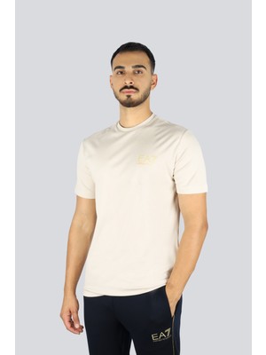 Erkek Kısa Kol Bisiklet Yaka Pamuklu Ea7 Desen Krem T-Shirt 7M000666 AF13739-U1086