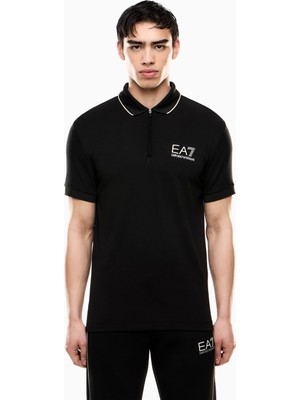 Erkek Polo Yaka Ea7 Yazı Desen Pamuklu Kısa Kol Siyah Polo Yaka T-Shirt 7M000669 AF13739-UC001