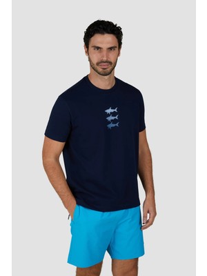 Paul & Shark Erkek Kısa Kollu Bisiklet Yaka Üç Balık Desenli Lacivert T-Shirt 25411005-013