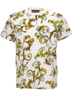 Versace Erkek Yuvarlak Yaka Kısa Kollu Pamuklu Grafik Desenli Beyaz-Altın T-Shirt 78GAH6S0JS458-G03