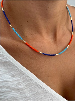 Hercy Renkli Boncuklu Gold Detaylı Kolye | Yazlık Kolye | Turuncu Kolye | Mavi Kolye | Ince Zarif Kolye