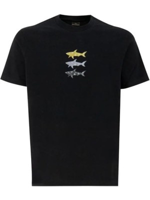 Paul & Shark Erkek Kısa Kollu Bisiklet Yaka Üç Balık Desenli Siyah T-Shirt 25411005-011