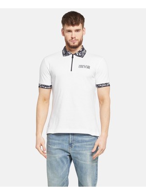 Versace Erkek Polo Yaka Kısa Kollu Fermuar Detaylı Beyaz Polo Yaka T-Shirt 78GAGT02CJ01T-003