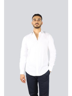 Paul & Shark Erkek %100 Pamuk Normal Kesim Kolları Şark Logo Şeritli Uzun Kollu Beyaz Gömlek 25413507-010