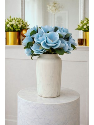 Madame Nazar Üstün Kalite Gerçekçi Manolya Islak Dokulu Yapay Çiçek –1 Demet 7'li- 40CM(MAVI) Solmaz,salon Dekoru