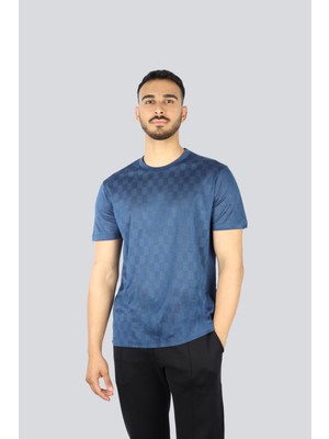 Paul & Shark Erkek Regular Fit Kare Desenli Yuvarlak Yakalı Kısa Kollu Mavi T-Shirt 25411038-264