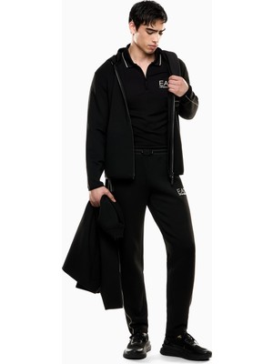 Erkek Polo Yaka Ea7 Yazı Desen Pamuklu Kısa Kol Siyah Polo Yaka T-Shirt 7M000669 AF13739-UC001