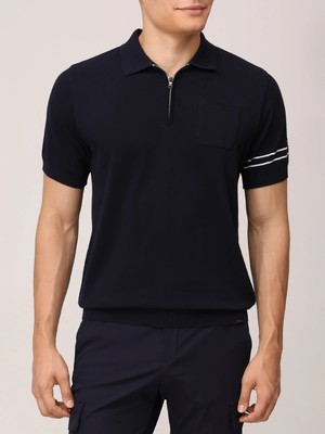 Paul & Shark Erkek Regular Fit Yarım Fermuarlı Kolları Çizgi Desenli Kısa Kollu Lacivert-Beyaz Polo Yaka T-Shirt 25411645A-318