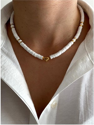 Hercy Mini Kalpli Beyaz Fimo Kolye | Beyaz Kolye | Altın Kaplama Kolye | Kalpli Kolye