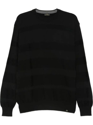 Paul & Shark Erkek Normal Kalıp %100 Saf Yün Çizgili Ribanalı Yuvarlak Yakalı Uzun Kollu Siyah Triko 15311039-011