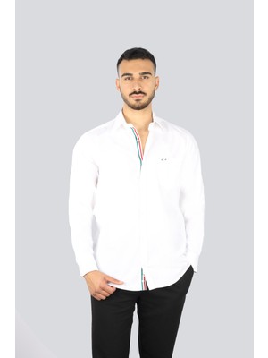 Paul & Shark Erkek Normal Kalıp Bayrak Şeritli Göğsü Metalik Logolu Arkası Marka Yazı Baskılı Uzun Kollu Beyaz Gömlek 25413537-010