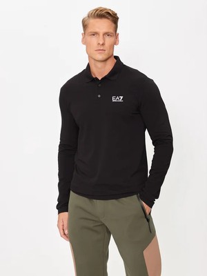 EA7 Erkek Pamuklu Uzun Kol Dokuma Günlük Kullanım Siyah1 Polo Yaka T-Shirt 8NPF15 PJVQZ-1200