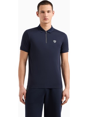 Erkek Slim Fit Kısa Kollu Ea7 Logolu Fermuarlı Lacivert Polo Yaka T-Shirt 8NPF13 PJRGZ-1562