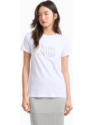 Armani Exchange Kadın Normal Kesim Yuvarlak Yaka Simli Logolu Kısa Kollu Beyaz T-Shirt XW000109 AF10359-U0002
