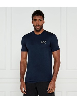 EA7 Erkek Kısa Kollu Dar Kesim Kısa Kollu Gold Logo Detaylı Mavi T-Shirt 7M000299 AF13739-UB102