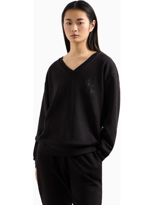 Armani Exchange Kadın Rahat Kalıp V Yaka Yapay Elmas Işlemeli Ax Logolu Uzun Kollu Siyah Sweatshirt XW000093 AF10804-UC001