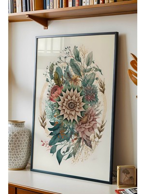 E2 Nova Premium Botanik Çiçek Mandala Çerçeveli Tablo - Lüks Modern Zen Duvar Dekoru Vizon Krem Sanat