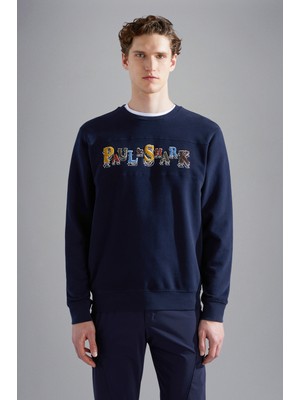 Paul & Shark Erkek Regular Fit Bisiklet Yaka Çok Renkli Işleme Desenli Pamuklu Uzun Kollu Mavi Sweatshirt 14311830-050
