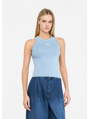 Liu Jo Kadın Slim Fit Yuvarlak Yakalı Kolsuz Örme Mavi Bluz UF5277MA76Q-A4075