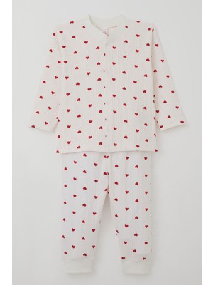 Breeze Kız Bebek Pijma Takımı Kalp Desenli Önden Çıtçıtlı 4 Ay-1 Yaş, Ekru