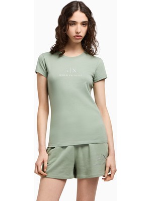 Armani Exchange Kadın Taş Detaylı Logo Desenli Dar Kesim %100 Pamuklu Kısa Kollu Yeşil T-Shirt XW000386 AF10354-U7231