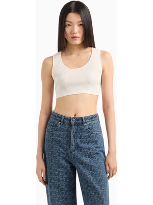 Armani Exchange Kadın Örgü Açık Yuvarlak Yakalı Dar Kalıp Crop Ekru T-Shirt XW000577 AF12740-U1003