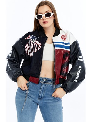 Chos7n Kadın Oversize Baskılı Kot ve Deri Şeritli Günlük Kullanım Ceket Mont