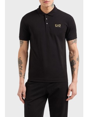 EA7 Erkek Regular Fit Logo Baskılı Kısa Kollu Pamuklu Siyah Polo Yaka T-Shirt 8NPF14 PJVQZ-0208