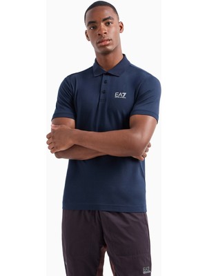EA7 Erkek Regular Fit Logo Baskılı Kısa Kollu Pamuklu Mavi Polo Yaka T-Shirt 8NPF14 PJVQZ-0562