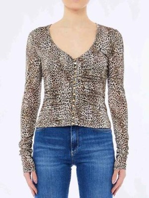 Liu Jo Kadın Dar Kalıp V Yaka Leopar Desenli Uzun Kollu Leopar Bluz MF5081J3821-P9155