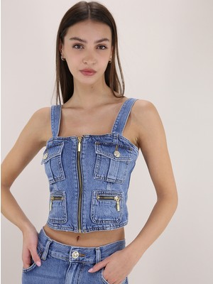 Liu Jo Kadın Logolu Yuvarlak Yaka  Crop Mavi Bluz UA4089DS059-78569