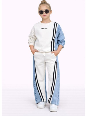 Rapapa Kız Çocuk  Kot Garnili Şeritli  2 Iplik Eşofman Takımı 43127B