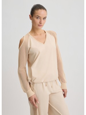 Liu Jo Kadın Normal Kalıp Beli Lastikli V Yaka Omzu Açık Kolları Tül Detaylı Bej Sweatshirt TA5070T2900-41209