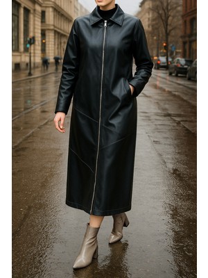 Nuss Tam Boy Kap Uzun Fermuarlı Deri Ceket 6015 Siyah