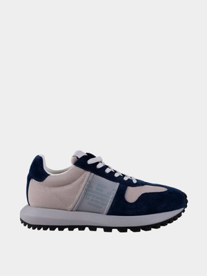 Emporio Armani Erkek Marka Logolu Bağcıklı Kaydırmaz Tabanlı Günlük Bej - Lacivert Sneaker X4X640 XR102-T859
