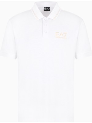 Erkek Slim Fit Şerit Detaylı Polo Yaka Gold Ea7 Logolu Kısa Kollu Beyaz Polo Yaka T-Shirt 7M000300 AF13739-U0002