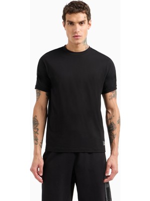 Erkek Omuzları Şerit Çizgili Ea7 Logolu Regular Fit Yuvarlak Yaka Kısa Kollu Siyah T-Shirt 7M000138 AF10375-UC001