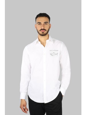 Paul & Shark Erkek Göğüste Marka Logolu Dar Kalıp Dokuma Kumaş Uzun Kollu Beyaz T-Shirt 25413504-010