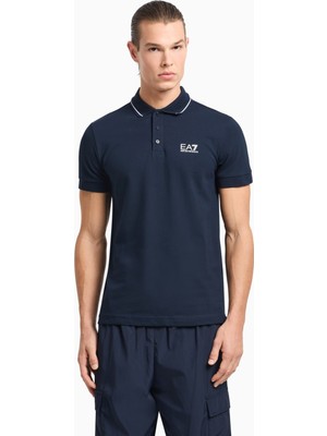 EA7 Erkek Dokuma Kumaş Kısa Kol Düz Model Mavi Polo Yaka T-Shirt 8NPF16 PJVUZ-1562