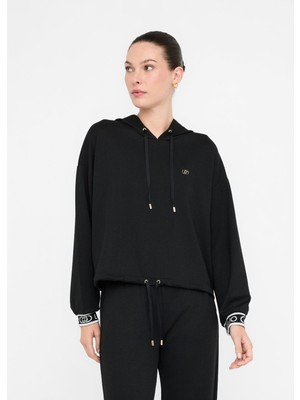 Liu Jo Kadın Düşük Omuzlu Normal Kalıp Beli Ip Bağlamalı Kapüşonlu Uzun Kollu Siyah Sweatshirt TF5285J4747-R9342