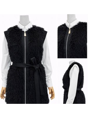 JOOQSTORE Fermuarlı Deri Kuşak Detaylı Kürk Yelek