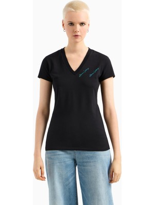 Armani Exchange Kadın Kısa Kollu V Yaka Dokuma Kumaş Siyah T-Shirt XW000600 AF10355-UC001